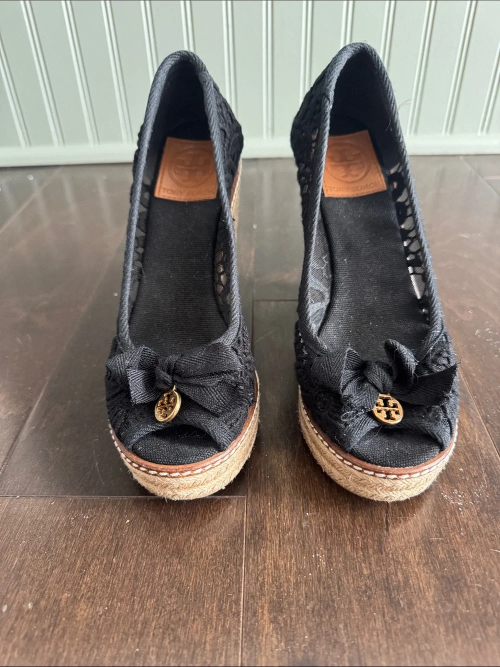 Tory Burch Black Espadrille Wedge Peep-Toe with Logo Charm